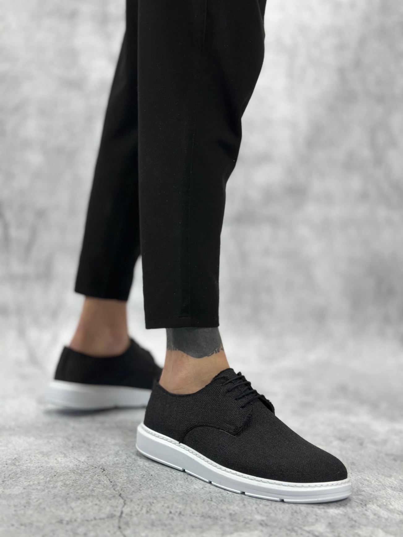 BA0003 Bağcıklı Klasik Spor Keten Siyah Beyaz Taban Casual Erkek Ayakkabı