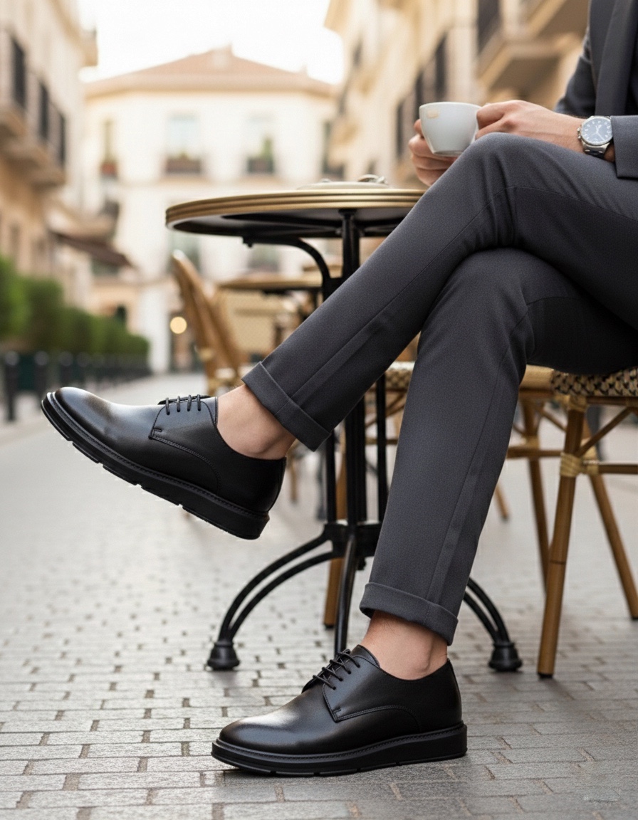 BA0003 Bağcıklı Klasik Siyah Yüksek Siyah Taban Casual Erkek Ayakkabı