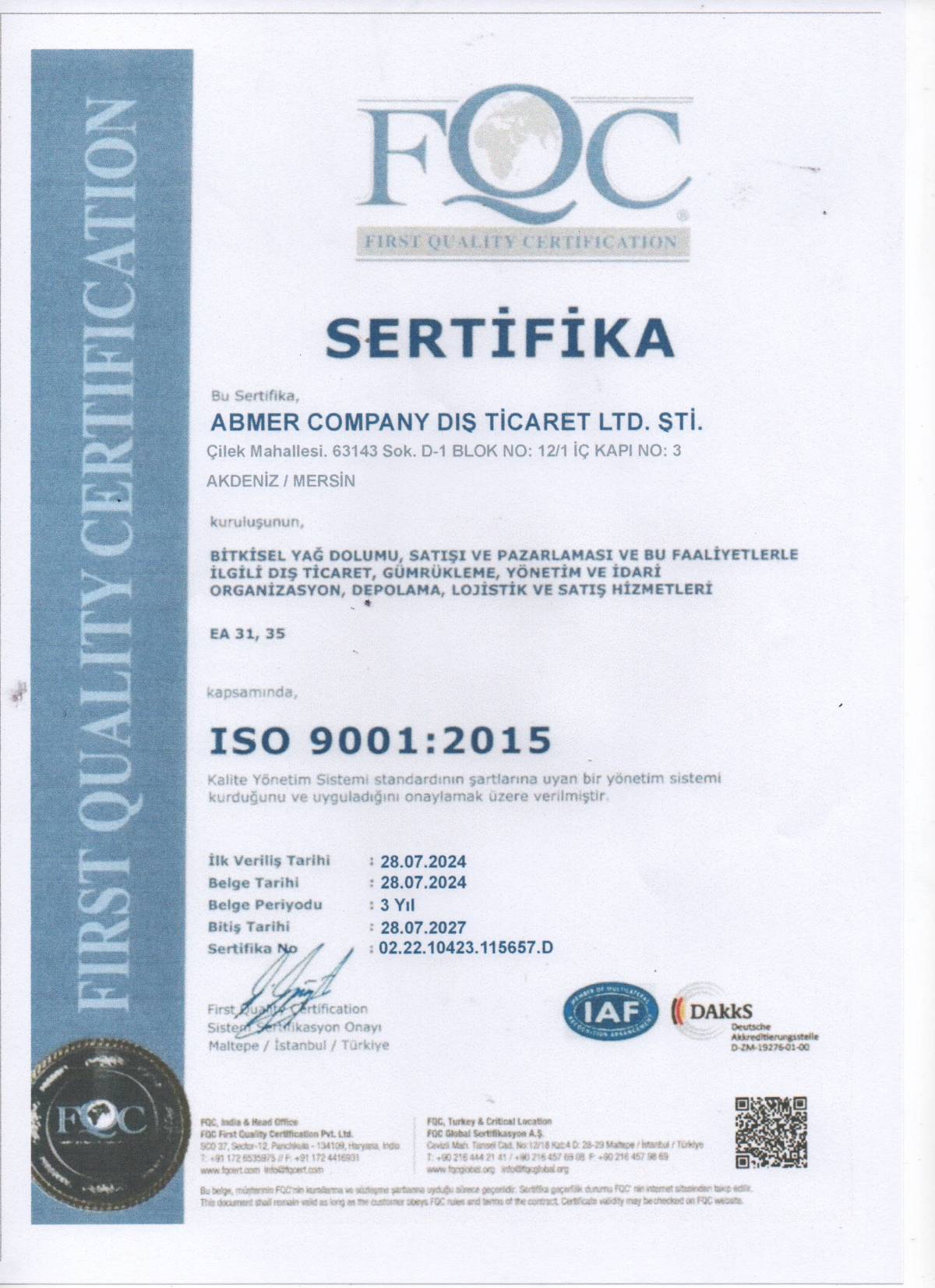ISO 9001 Sertifikası